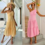 Women Clothing Spring Summer Plaid Printed Oblique Shoulder Mid-Length Dress