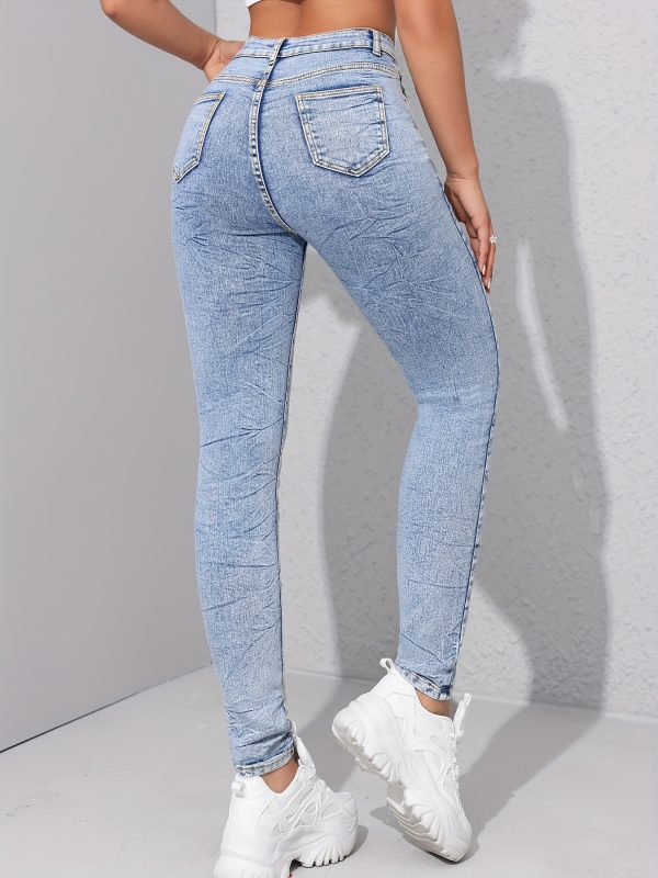 Washed Contrast Color Tappered Pencil Pants Women Elastic Skinny Slimming Denim Trousers