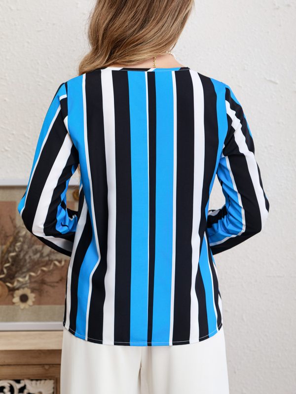 Blue Striped Simple Loose Long-Sleeved Shirt for Women
