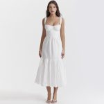 Sexy Cami Dress Cotton Linen Jacquard Mid Length Dress