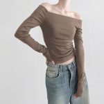 Off Shoulder Sexy Slim Fit Long Sleeved T shirt Slim Sexy Solid Color Short Top