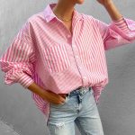 Women’s Collared Loose Long Sleeve Striped Shirt