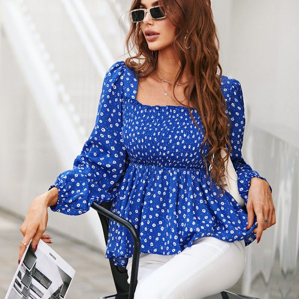 Elegant Slim Fit Printed Chiffon Pullover: Square Collar Blouse for Women