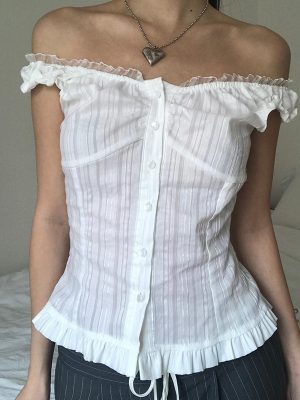 French Girl Lace Off Neck Breasted Vertical Pattern Puff Top