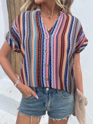 Summer Shirt Striped Button Short Sleeve Shirt Women Loose Fitting Outfit Ideas