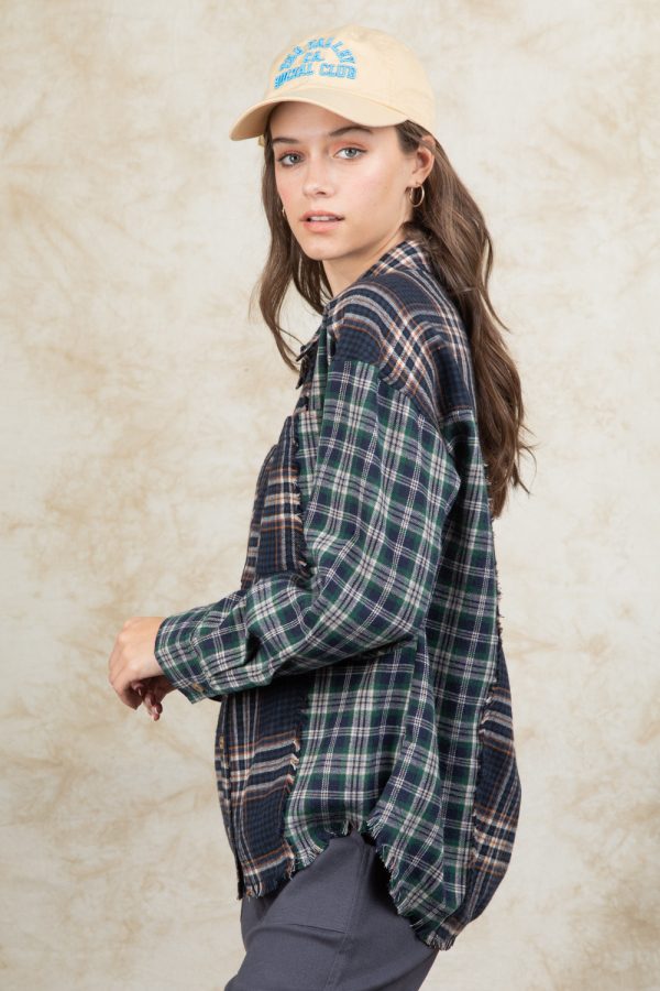 Spring Collared Long Sleeve Thin Plaid Stitching Shacket Outfit Ideas