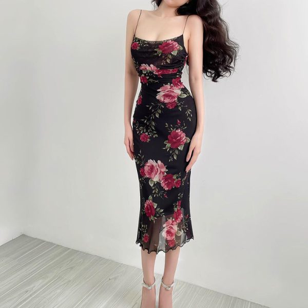 Autumn Fresh Elegant Slim Fit Spaghetti Strap Floral Print Mesh Sexy Dress Women Clothing