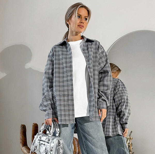 Gray Elegant Plaid Oversize Loose Collared Women Shirt Outfit Ideas