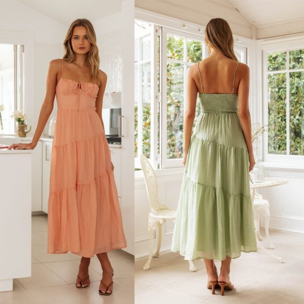 Women Clothing Sleeveless Splicing Sling Long Backless Lace-up Large Swing Dress
