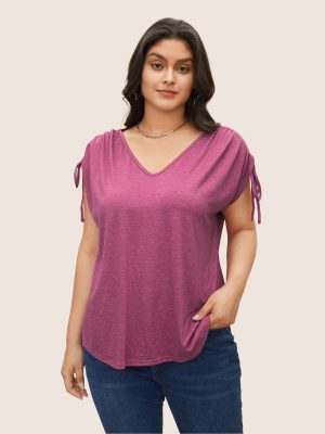 Plus Size Drawstring V-Neck Solid Color Casual Loose T-Shirt Top with Short Sleeves