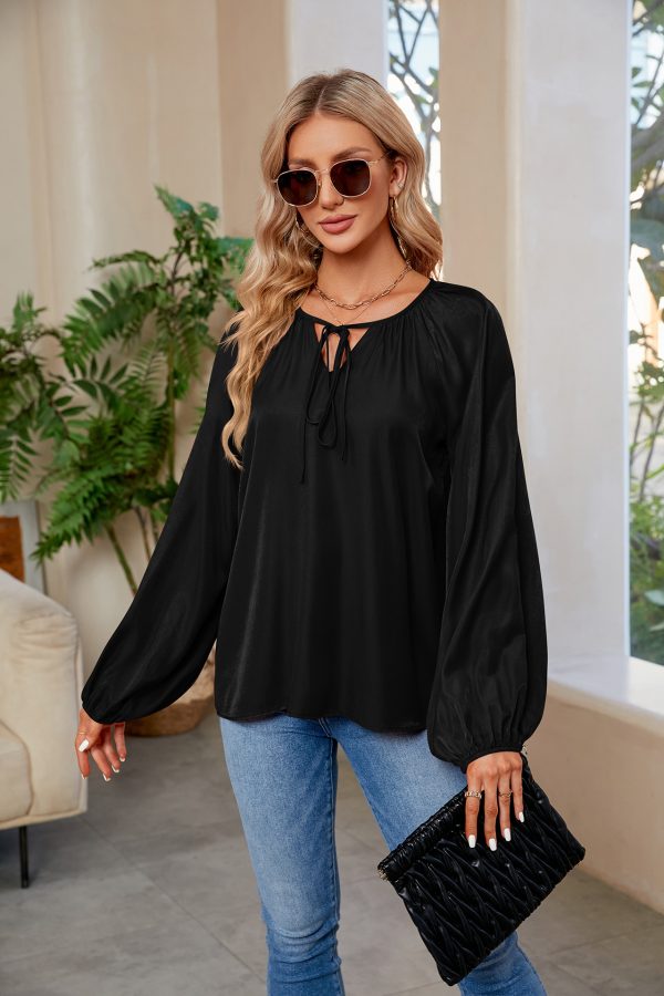 V-Neck Lace-Up Satin Silk Top: Women's Loose Style