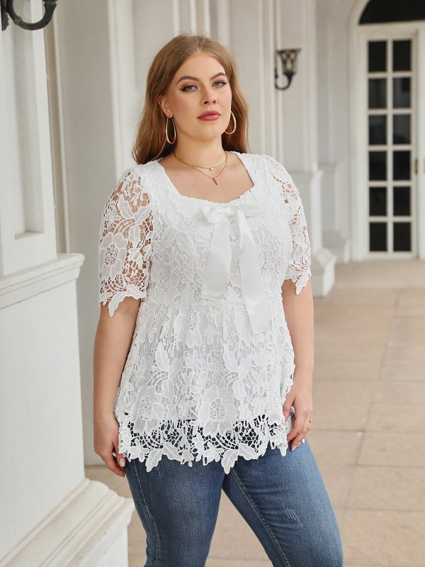 Solid Color Plus Size Square Collar Lace Blouse: Elegant Lace Collared Blouse for Women