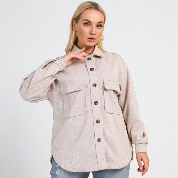 Plus Size Women's Collared Long Sleeve Striped Shirt: Single-Breasted Mid-Length Shirt