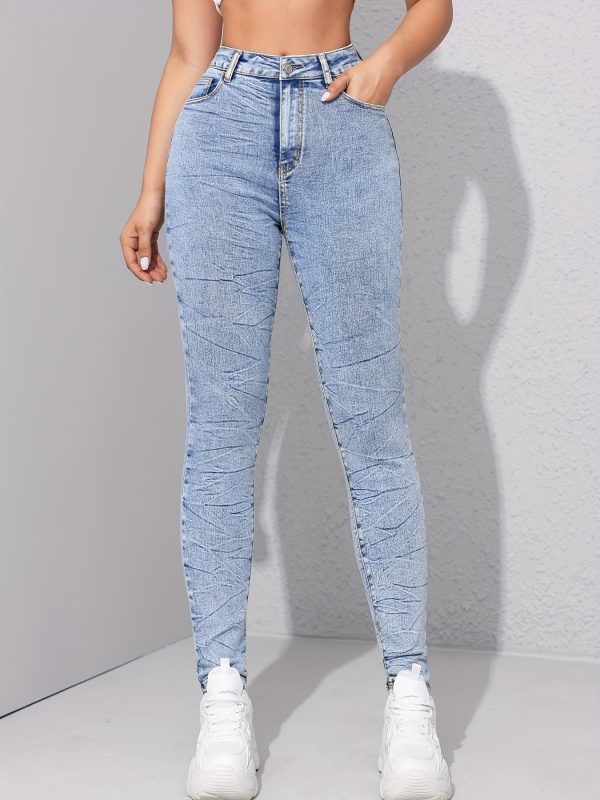 Washed Contrast Color Tappered Pencil Pants Women Elastic Skinny Slimming Denim Trousers