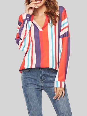 Color Stripes V-Neck Long Sleeve Shirt: Women's