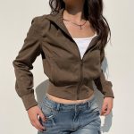Retro Brown Workwear Waist Tight Zipper Slimming Jacket