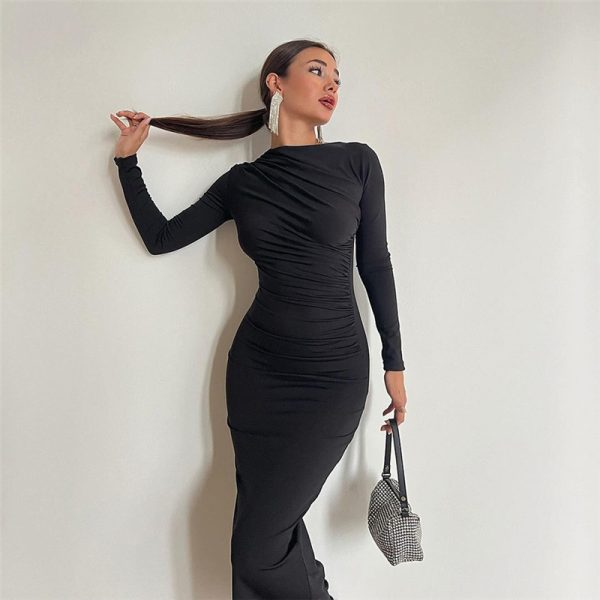 Autumn Winter Women Clothing Round Neck Long Sleeve Slim Sheath Solid Color Dress