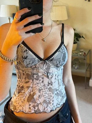 Retro Hand Painted Printing Sheer Mesh Double Joint Sexy Suspenders Sexy V neck Outerwear Holiday Vest