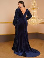 Plus Size Velvet Sequined Lantern Sleeve Dress: Graceful Fishtail
