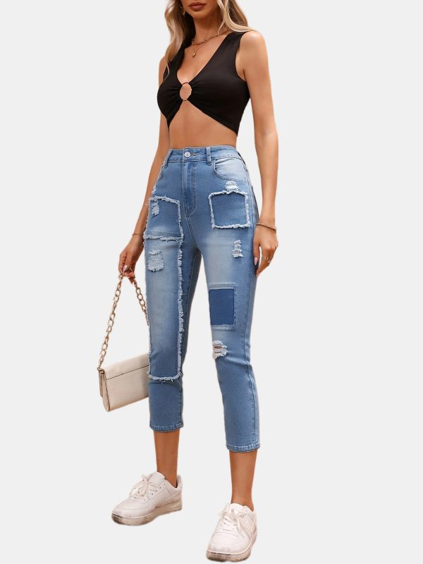 High Waist Ripped Cropped Pants Korean Casual Beggar Loose Straight Jeans