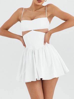 Women Clothing Sexy Cutout Cropped Outfit Suspender Solid Color Slim Fit Backless White Dress Short Sexy
