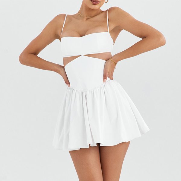 Women Clothing Sexy Cutout Cropped Outfit Suspender Solid Color Slim Fit Backless White Dress Short Sexy