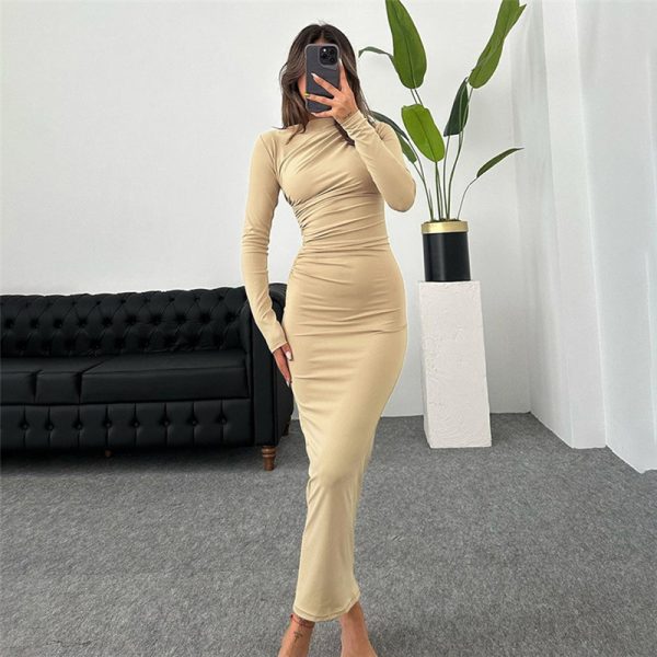 Autumn Winter Women Clothing Round Neck Long Sleeve Slim Sheath Solid Color Dress