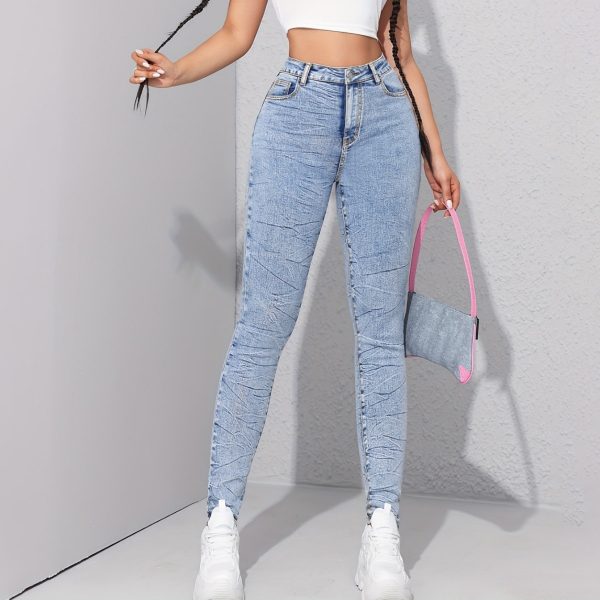 Washed Contrast Color Tappered Pencil Pants Women Elastic Skinny Slimming Denim Trousers