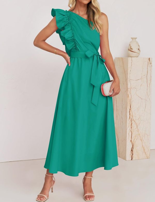 Women's Maxi Dress Oblique Shoulder Wooden Ear Belt Dress