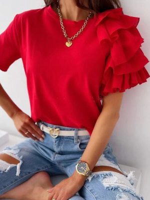 Korean Elegant Simple Ruffled Petal T-Shirt: Women's Asymmetric Round Neck Short Sleeve
