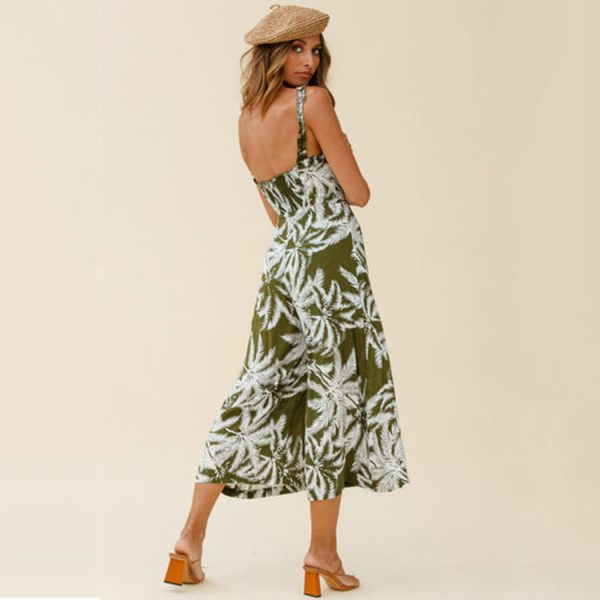 Bohemian Women Clothing Summer Ruffled Shoulder Strap Palm Print Casual Mid-Length Jumpsuit