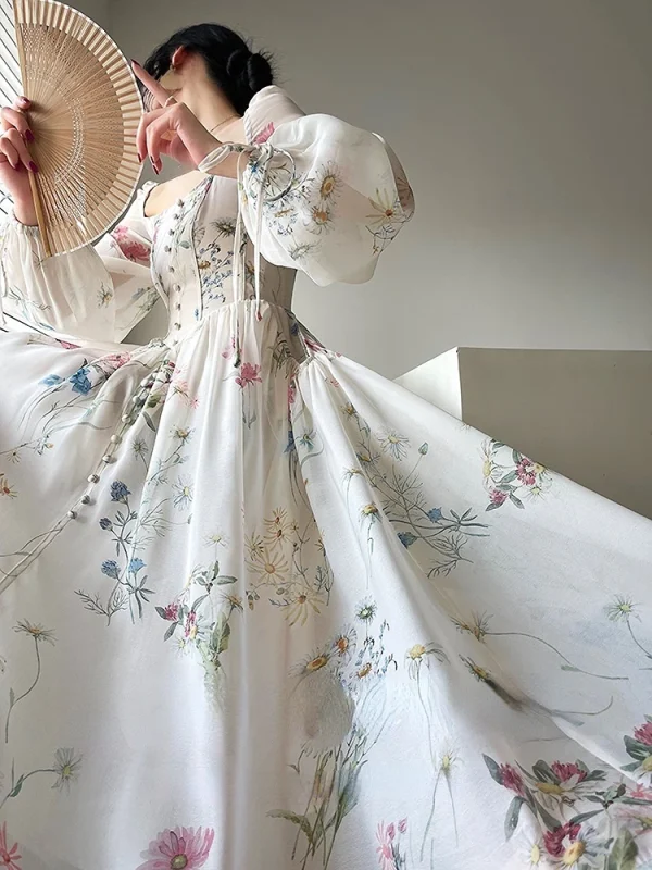 French Floral Midi Chiffon Long Sleeve Fairy One Piece Korean Dress