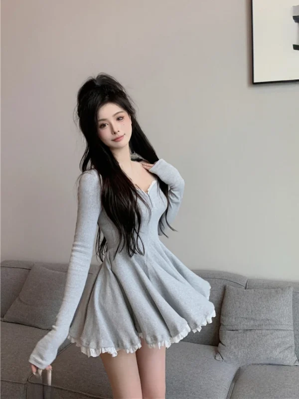 Korean Style Lolita Kawaii Long Sleeve Lace Mini Slim Dress