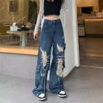 Y2K  Straight Pants Ladies Ripped Baggy Jeans