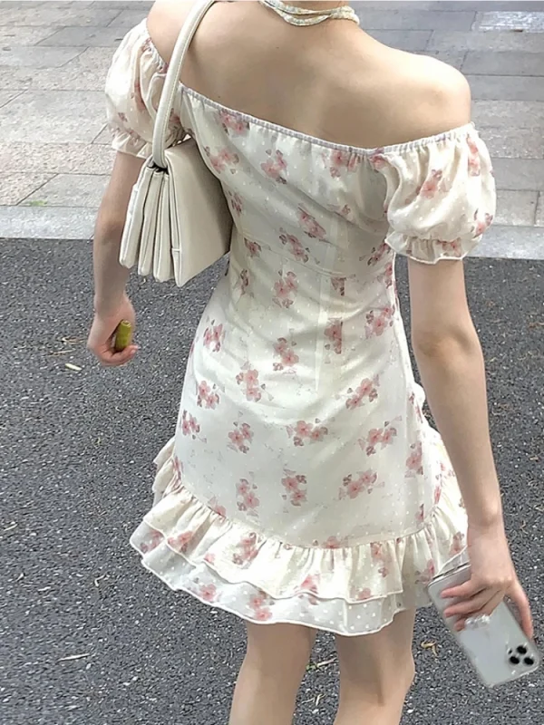 Floral Elegant Short Sleeve One Piece Korean Vintage Midi Dress