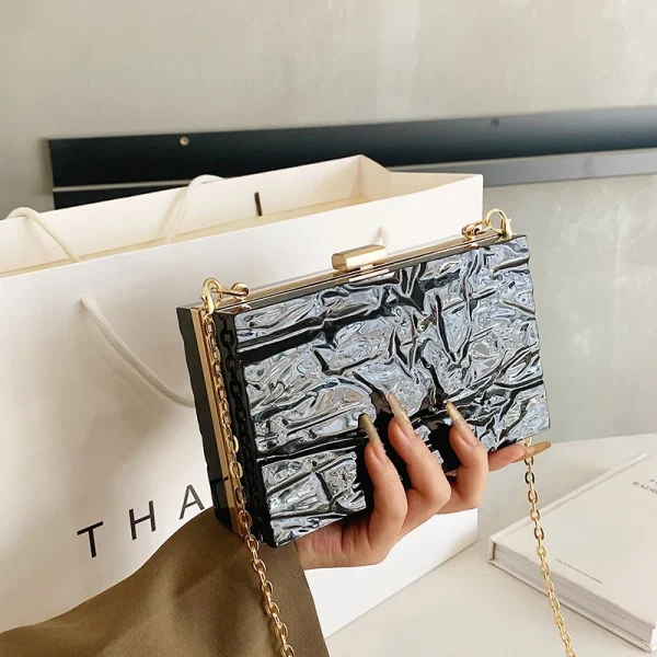 Metal Box Shiny Gold Silver Luxury Clutch Hand Pouch