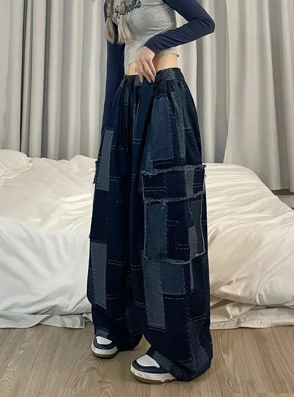 Vintage Patchwork Plaid Pocket Japanese Chic Wide Leg Pants