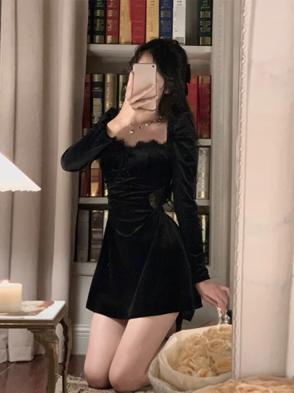 Slim Black Velvet Korean Style Elegant Midi Dress