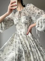 French Floral Long Sleeve Sundress One Piece Dress