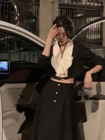 Long Sleeve Crop Tops + Casual Black Midi Skirt  2 Piece Dress