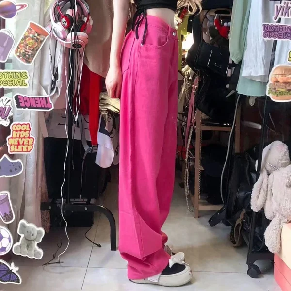 Retro Pink Pocket High Waist Straight Pants