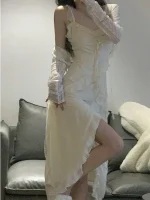 Long Sleeve Crop Tops + Elegant Solid Strap 2 Piece Midi Dress Set