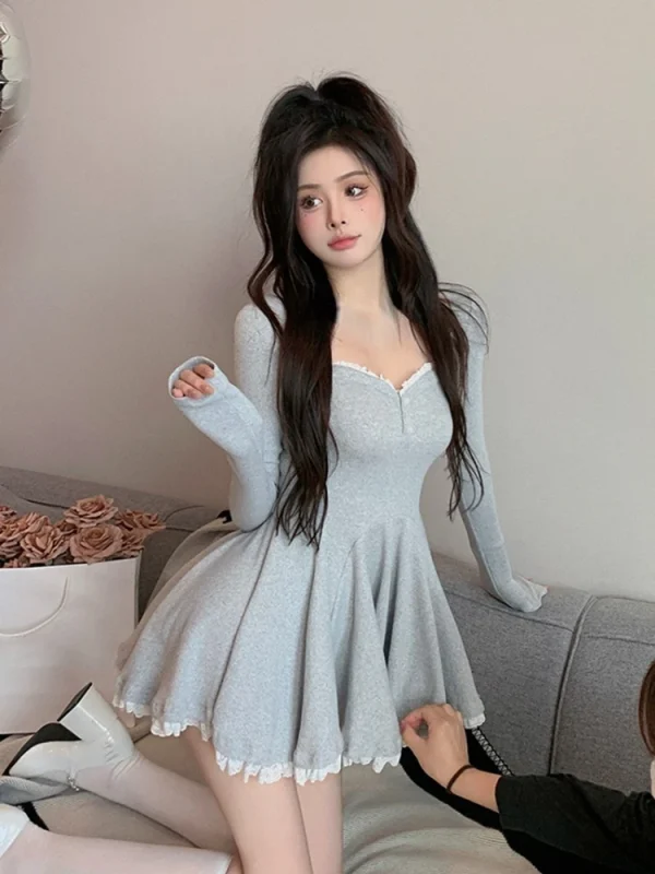 Korean Style Lolita Kawaii Long Sleeve Lace Mini Slim Dress