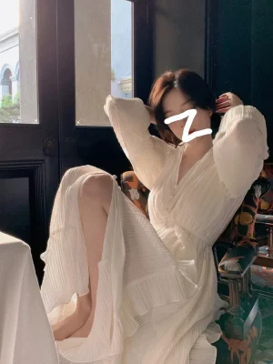 Pure Color Long Sleeve Fairy Korean Design Midi Dress