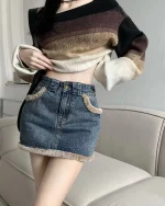 Washed Fur Paneled Denim A-line Skirt Y2k Skirt