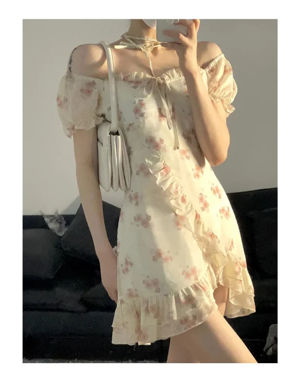 Floral Elegant Short Sleeve One Piece Korean Vintage Midi Dress