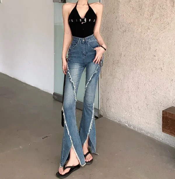 Y2k Slit Raw Edge Strappy Flared High Waist Jeans