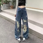 Y2K  Straight Pants Ladies Ripped Baggy Jeans