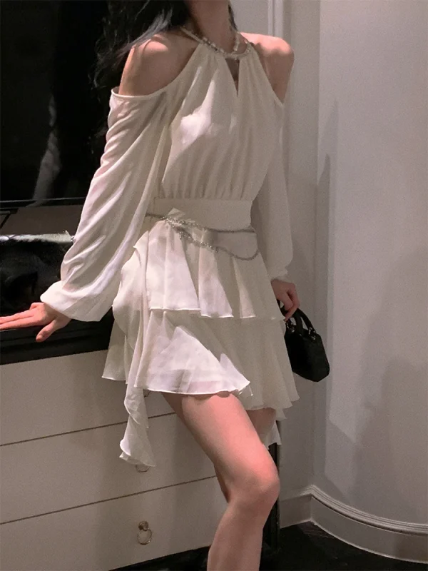 Korean Fashion Fairy Pure Color Short Party Long Sleeve Dress