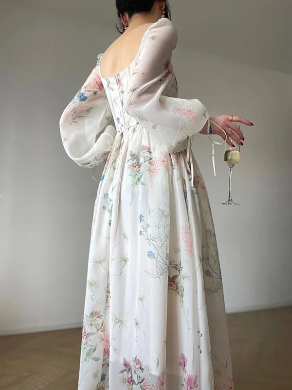 French Floral Midi Chiffon Long Sleeve Fairy One Piece Korean Dress